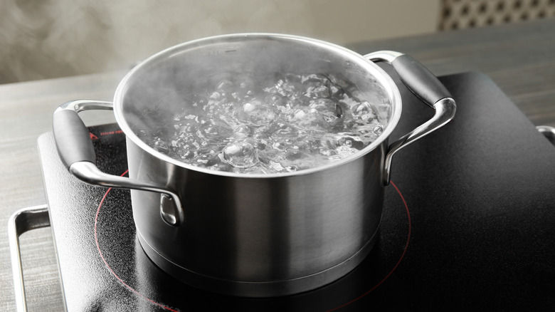 A pot of water boiling on the stove.