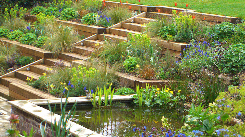 A grand terrace garden feature with steps and reflection pool