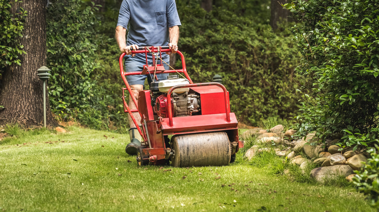 A person aerating a lawn using a large machine