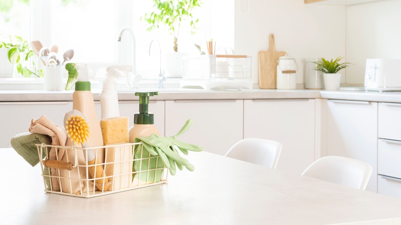 cleaning supplies on table in pristine white kitchen