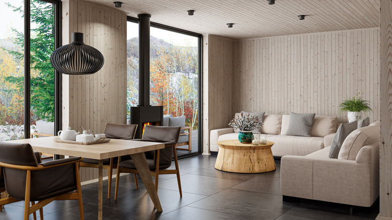 Open living and dining room with multiple seating areas