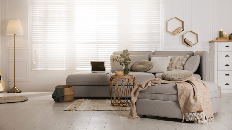 Living room with sofa and ottomans