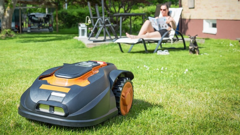 Robotic lawnmower working, lady relaxing 