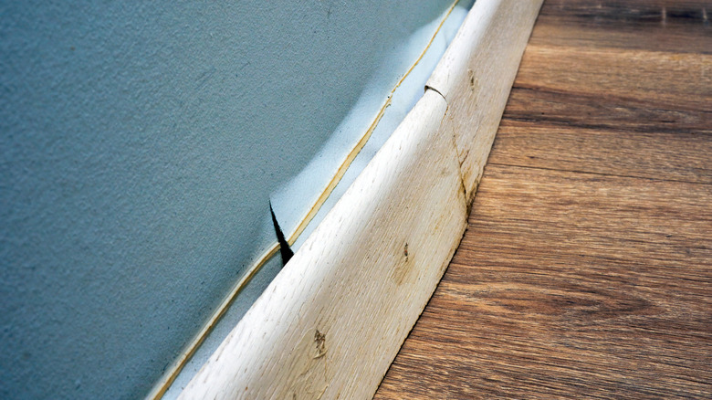 Water damaged baseboards on the bottom of a wall.