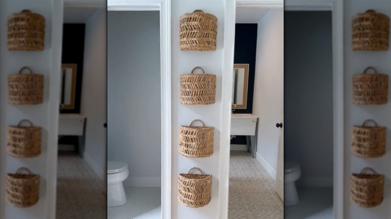 Storage baskets on the wall between two rooms