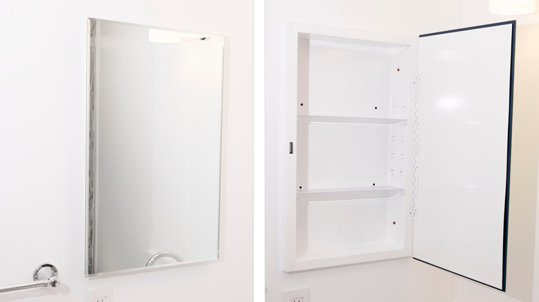 A mirrored bathroom cabinet closed and open.