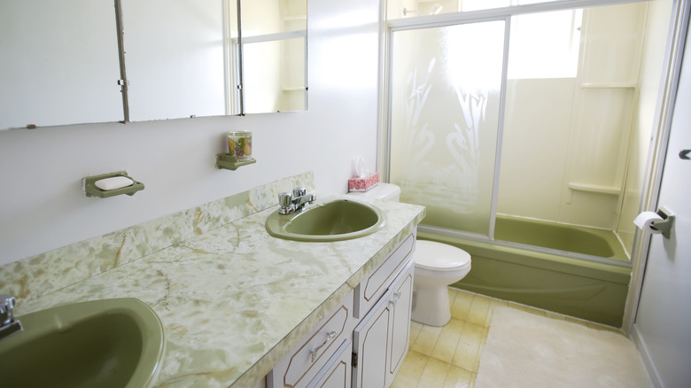 Bathroom with outdated retro decor and features