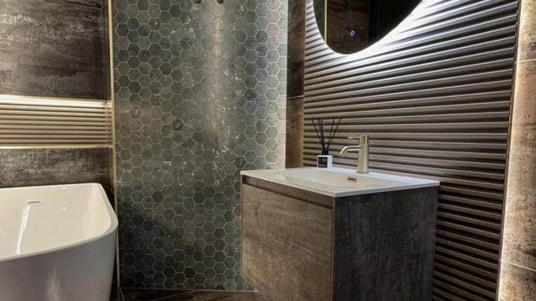 bathroom with copper tiles