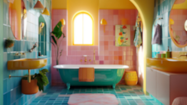 A bathroom with a busy tile work on the floor and an equally busy layout