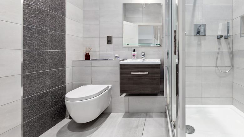 bathroom with wall-hung toilet and vanity