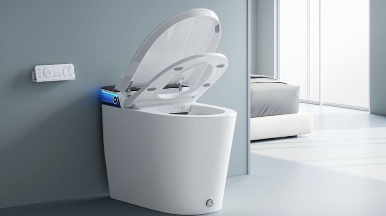 HOROW toilet in minimalist bathroom with seat and lid half way open