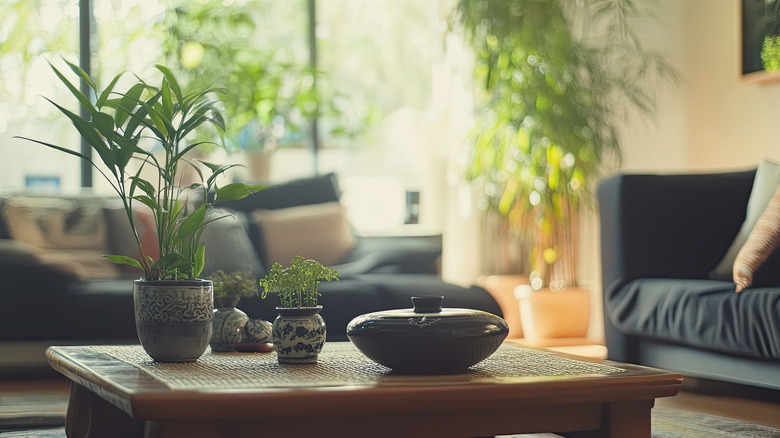 A living room filled with a lot of plants, including three on a table in the foreground