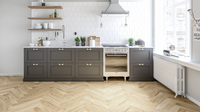 Herringbone flooring in kitchen