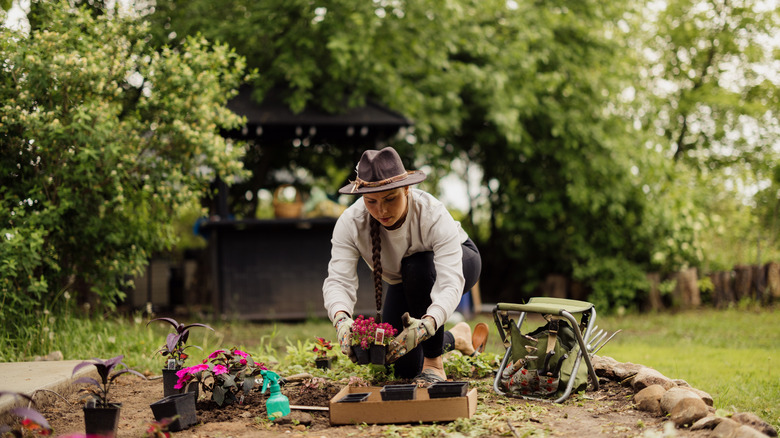A gardener planting various flowers in a garden bed