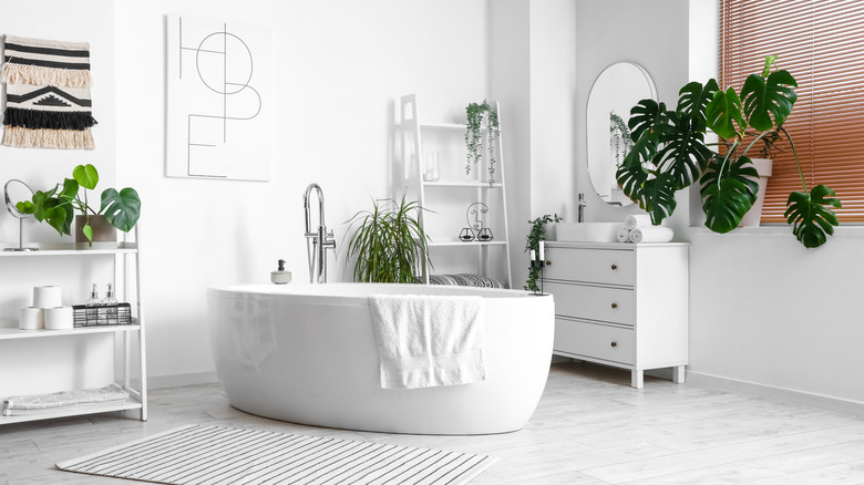 A bathroom decorated with various tropical houseplants.