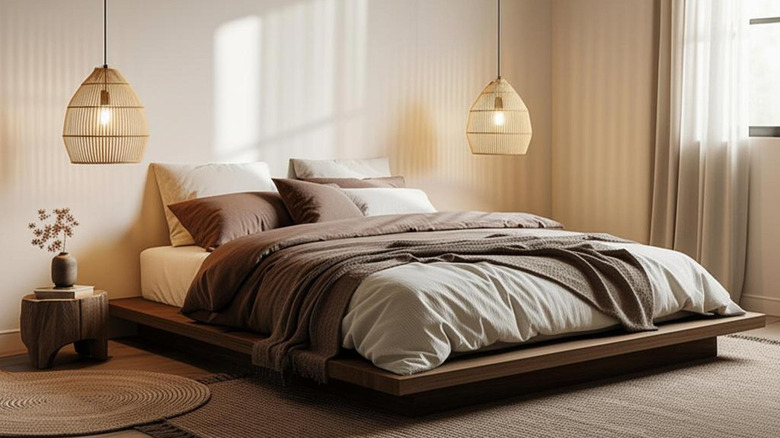 A large bed with brown and tan pillows and blankets with warm and calming woven pendant fixtures on either side of the bed