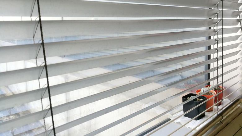 Metal mini blinds on window