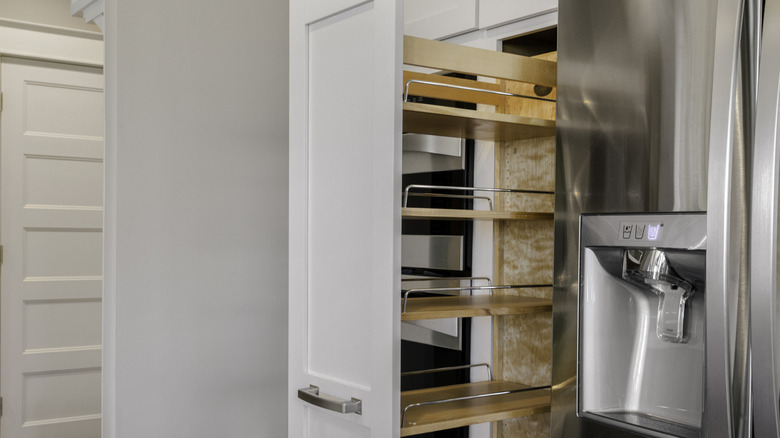 Custom pull-out kitchen cabinet next to fridge