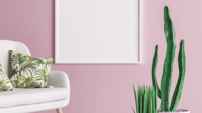 rose color on accent wall and white couch