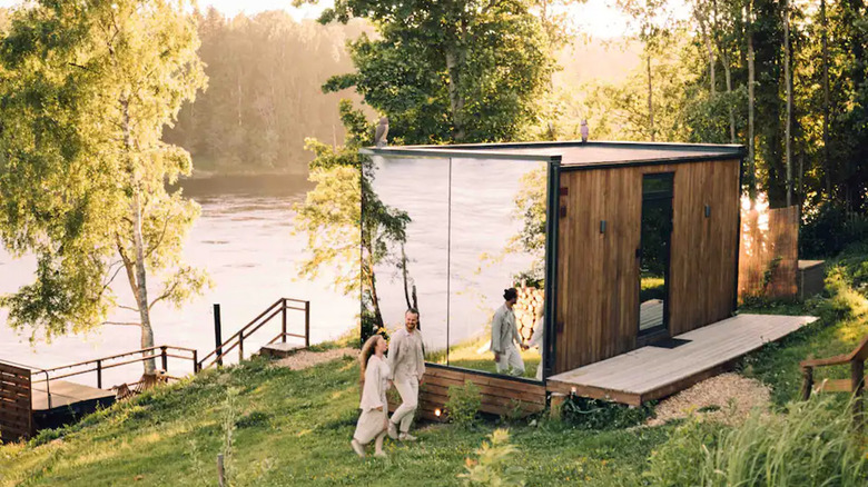 An all-wood cabin with mirrors