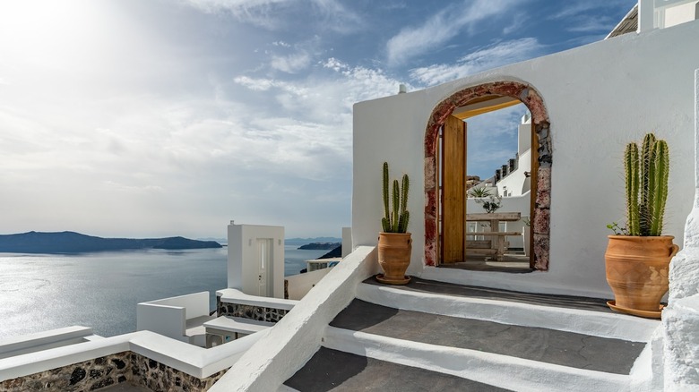 white building with cacti overlooking ocean