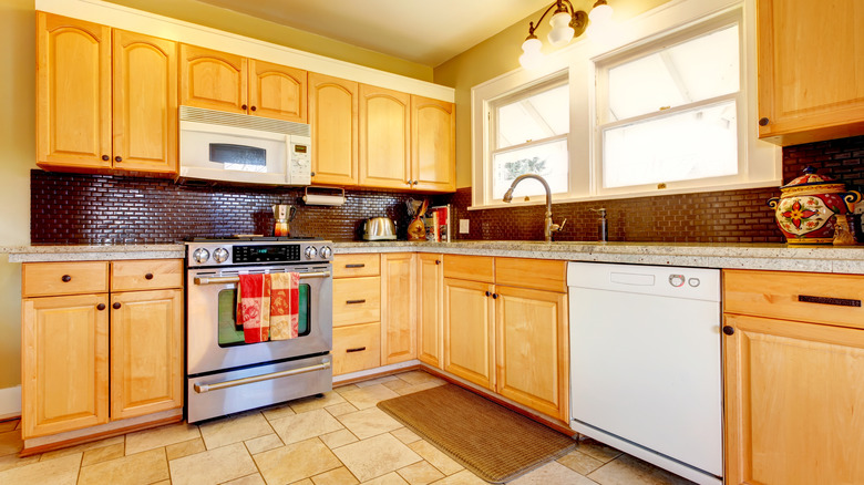 brown subway tile backsplash