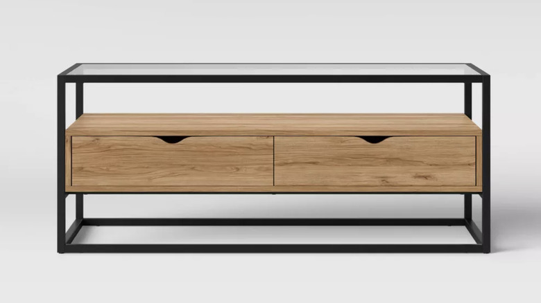 glass wood and metal coffee table