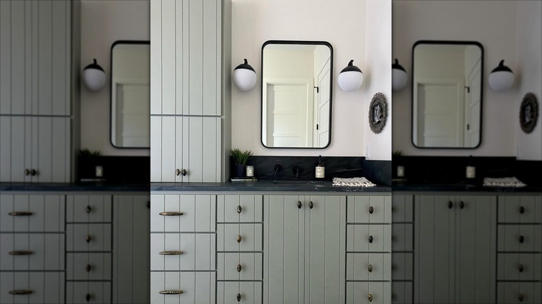 Modern organic style bathroom with Evergreen Fog painted vanity