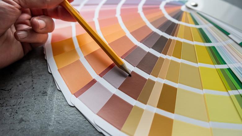 Someone pointing at a paint color
