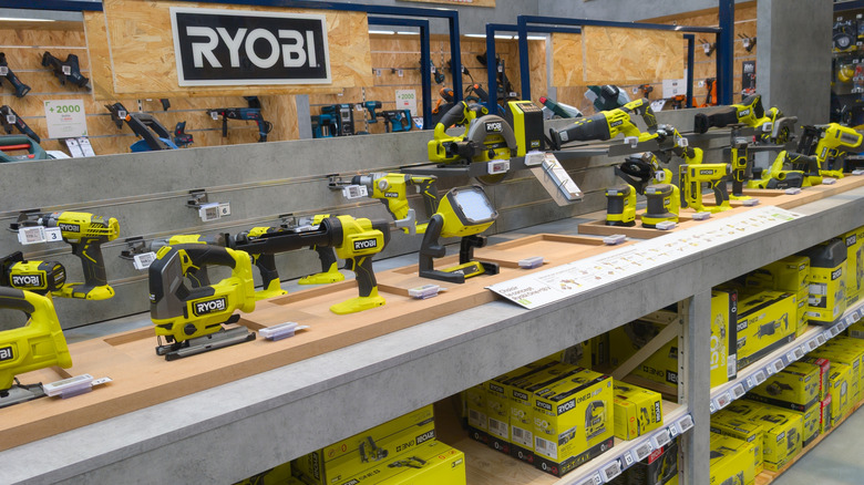 Ryobi tools on display at a retail store