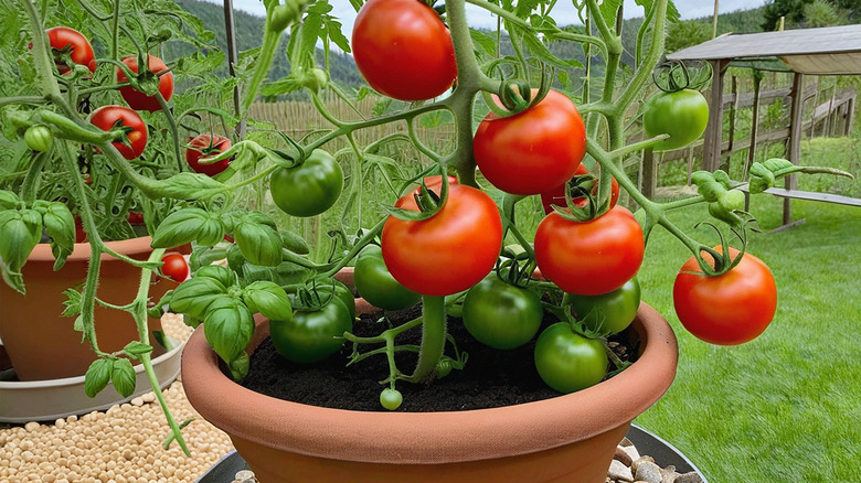 Healthy tomato plant with ripening fruits, planted in a terracotta container