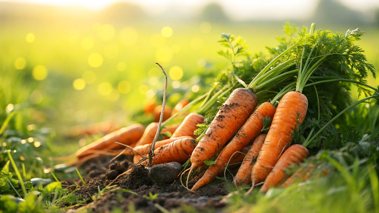 harvested carrots laying in the garden