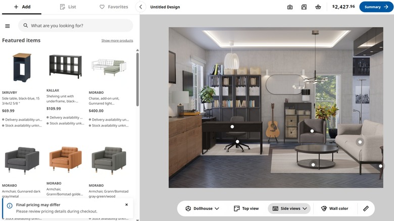 A home design page with products on the left side and the 3D design on the right