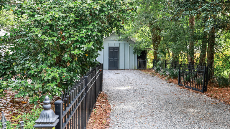 Long gravel driveway leading to a shed