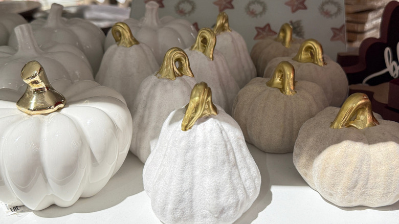 White and gold pumpkins in various sizes and shapes on a shelf