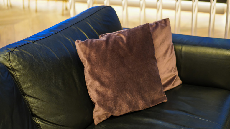 Velvet pillows on a leather couch