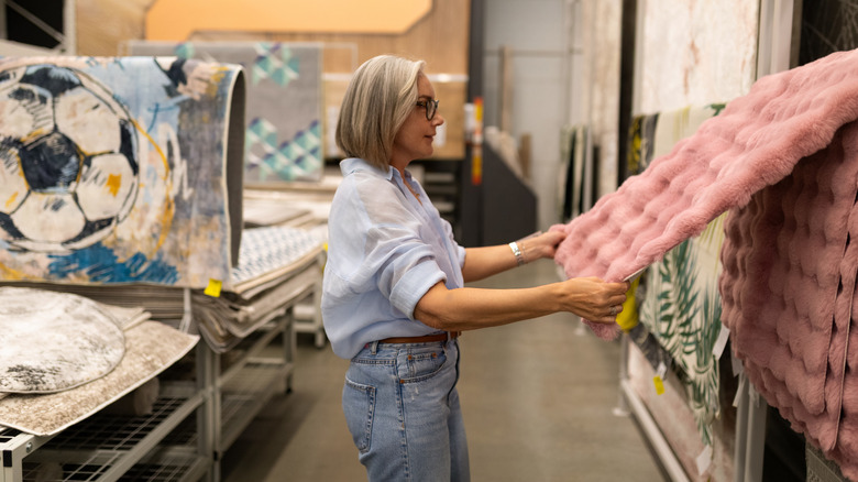A woman looking at a pink fur rug in a warehouse filled with area rugs.