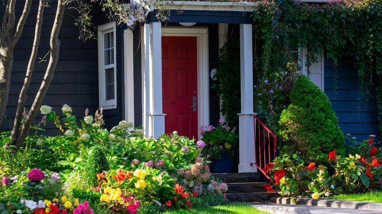 The entrance of a home with a red door and lush plants.