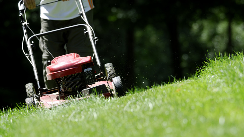 Man mowing lawn on hill