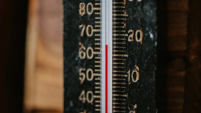 Close-up of an old black thermometer showing temperature in both C and F