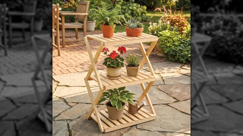 Wooden plant stand in garden