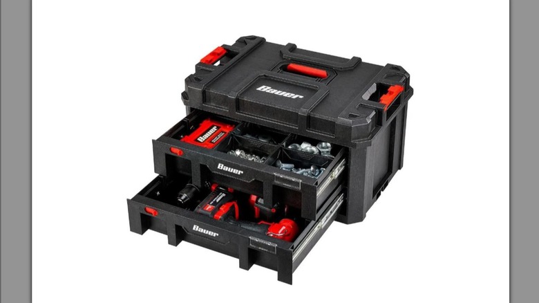 BAUER tool box opened to reveal organized tools