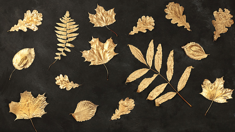 A selection of gold painted leaves on a black background