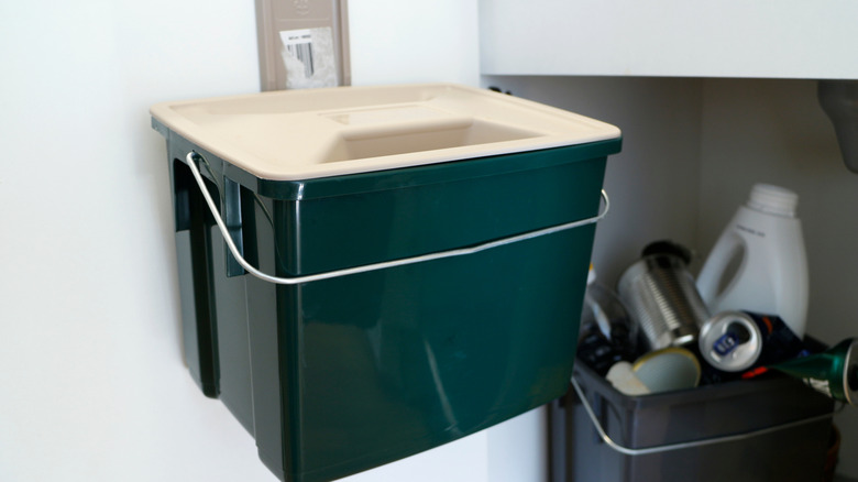 A wall-mounted compost bin under the sink in the kitchen