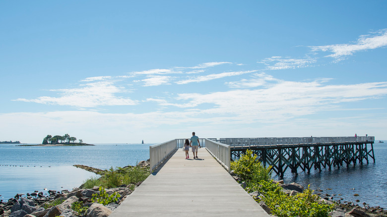 father walking daughter along pier