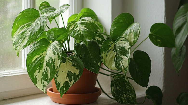 healthy pothos plant on windowsill