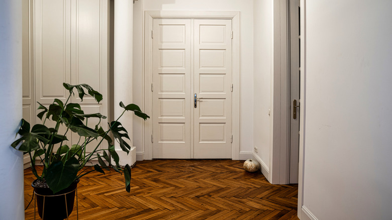 A hallway features herringbone wood floors, a potted plant, and architectural columns