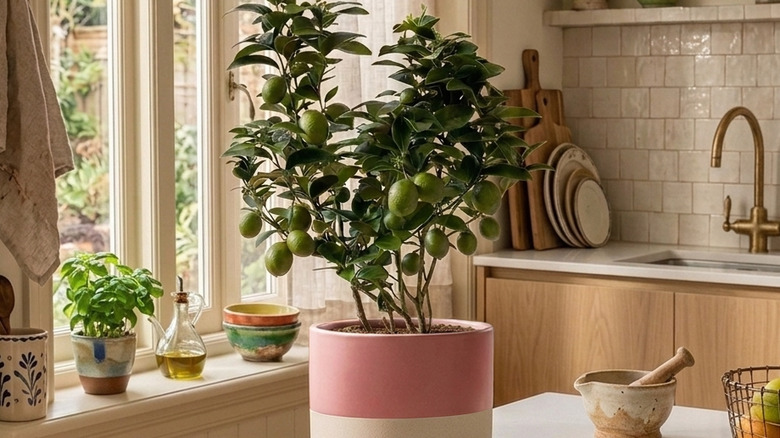 A pink pot with a lime tree in a kitchen.