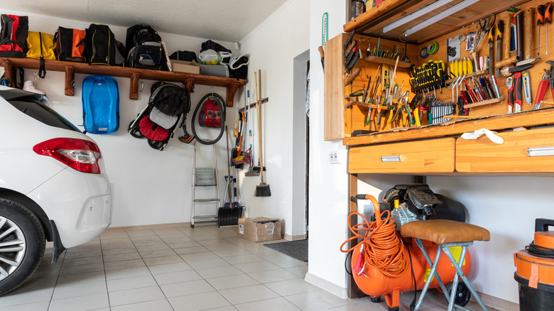 organized garage with workbench