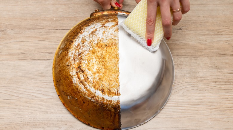 A pan with a burnt and clean side